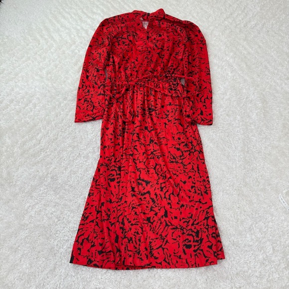 Blair Red Midi Dress Women's Vintage Retro Mock Neck LS Belted Abstract Print - Picture 2 of 12